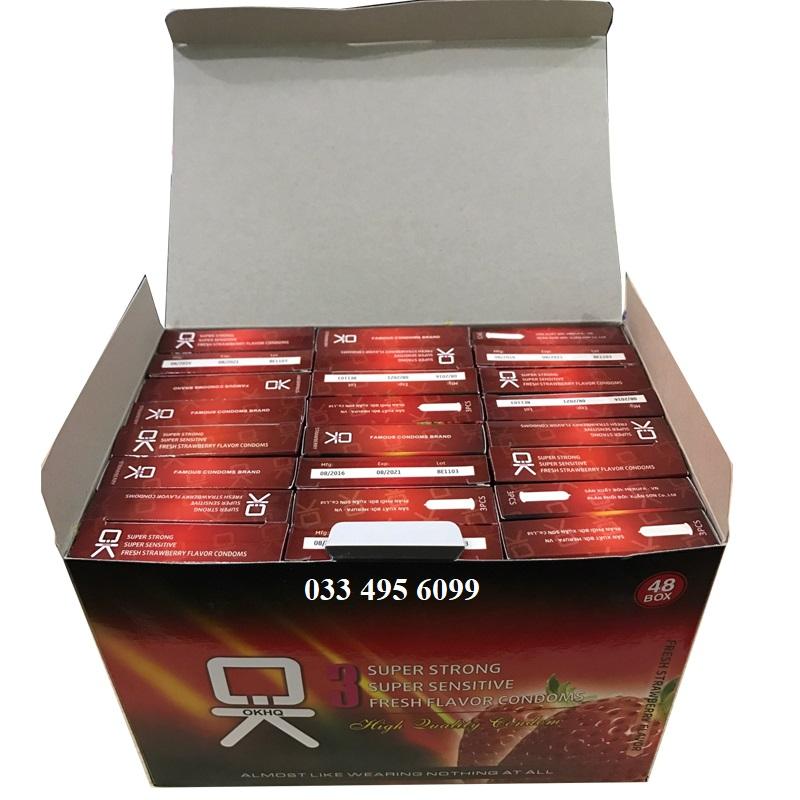 [HCM]Bộ 1 hộp lớn bao cao su OKHQ hương dâu 144 chiếc - An toàn tiết kiệm