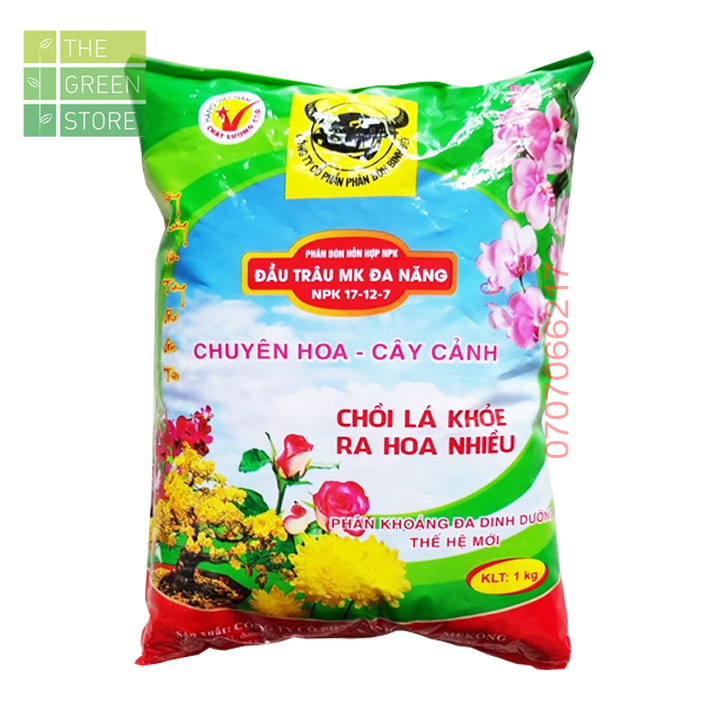 Phân bón NPK Đầu Trâu 17-12-7 (1kg) kích chồi lá khỏe, ra hoa  nhiều, chuyên dùng cho hoa cây cảnh, hoa hồng, mai vàng