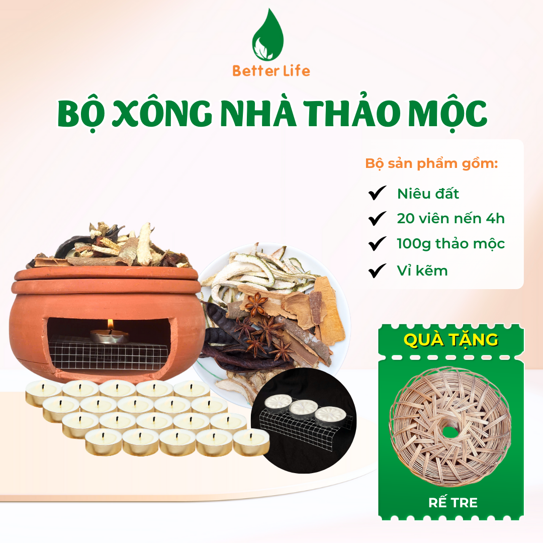 Bộ xông nhà thảo mộc gồm bếp, 100g thảo mộc và 20v nến tặng rế thanh tẩy nhà cửa, thu hút vận may