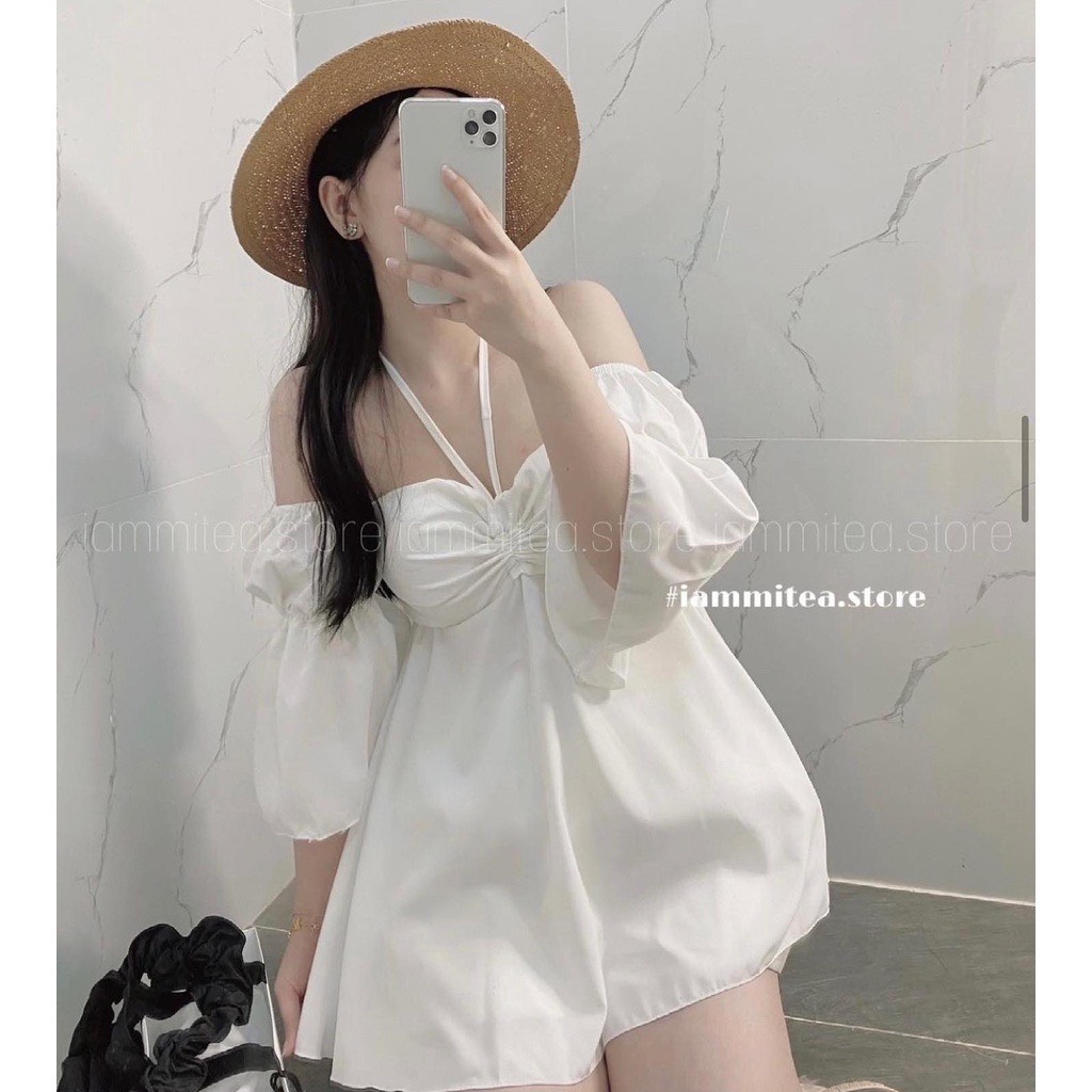 Áo kiểu trễ vai tay lửng pinkstore29, dáng xòe tiểu thư so cute d039
