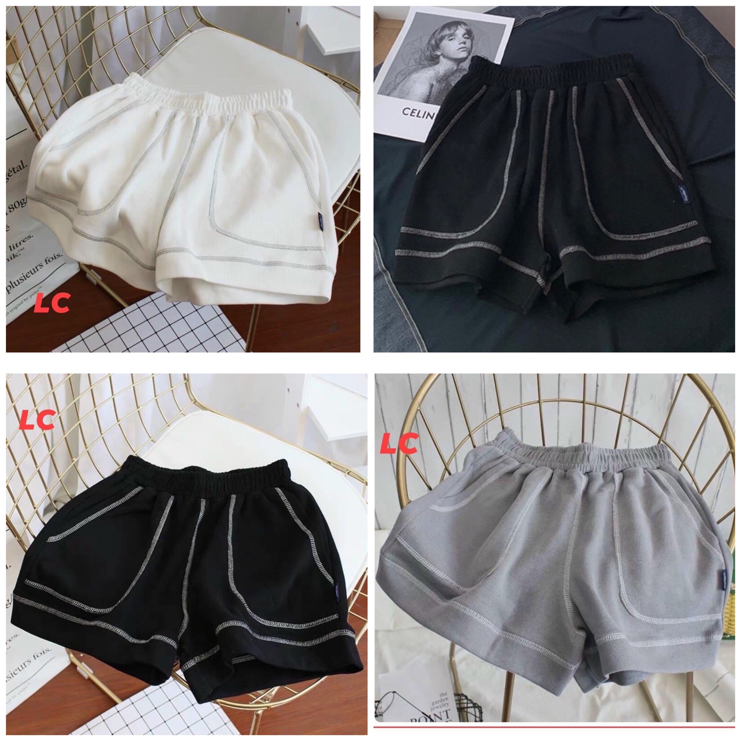 Quần short thêu chỉ nổi, Quần short đùi chạy viền chỉ nổi thun trơn AD37