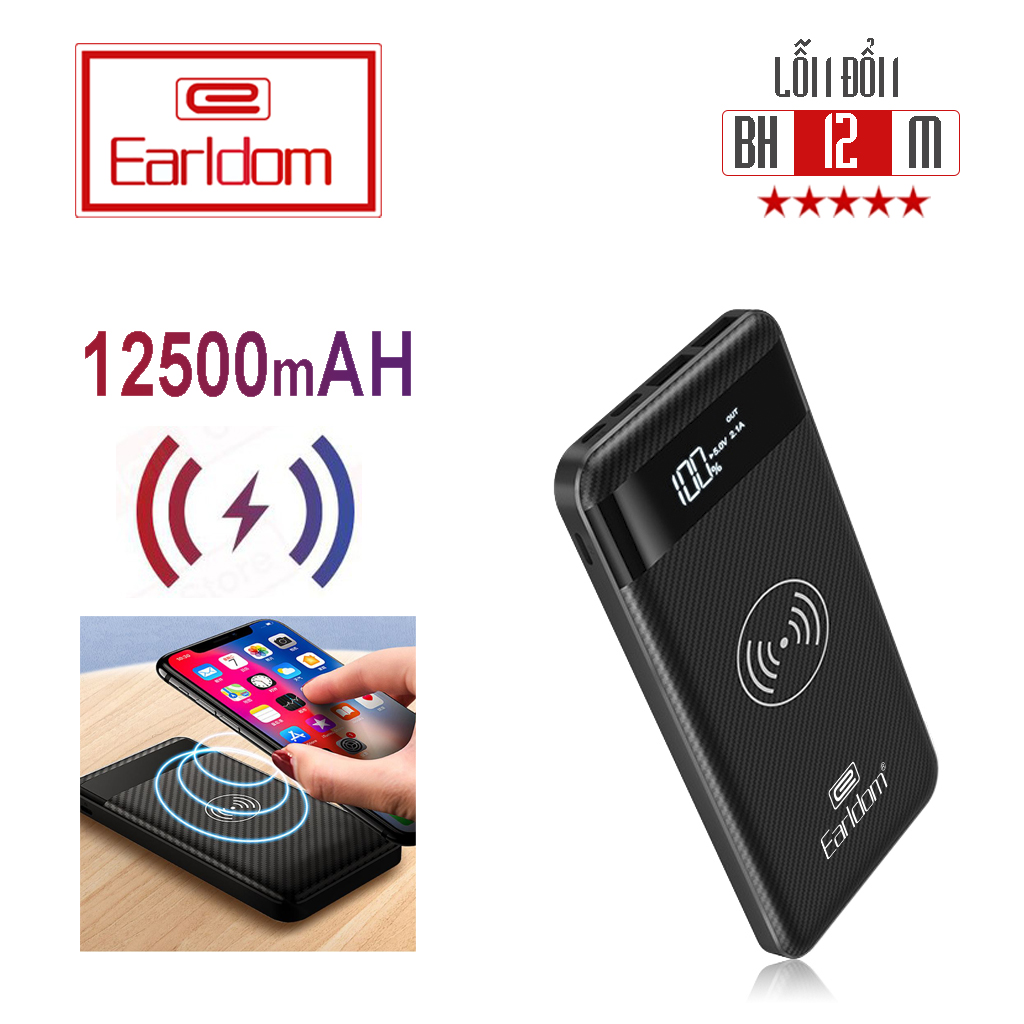 Pin sạc dự phòng earldom 12.500mah pb-08 kèm sạc không dây sạc nhanh cho điện thoại iphone samsung oppo xiaomi