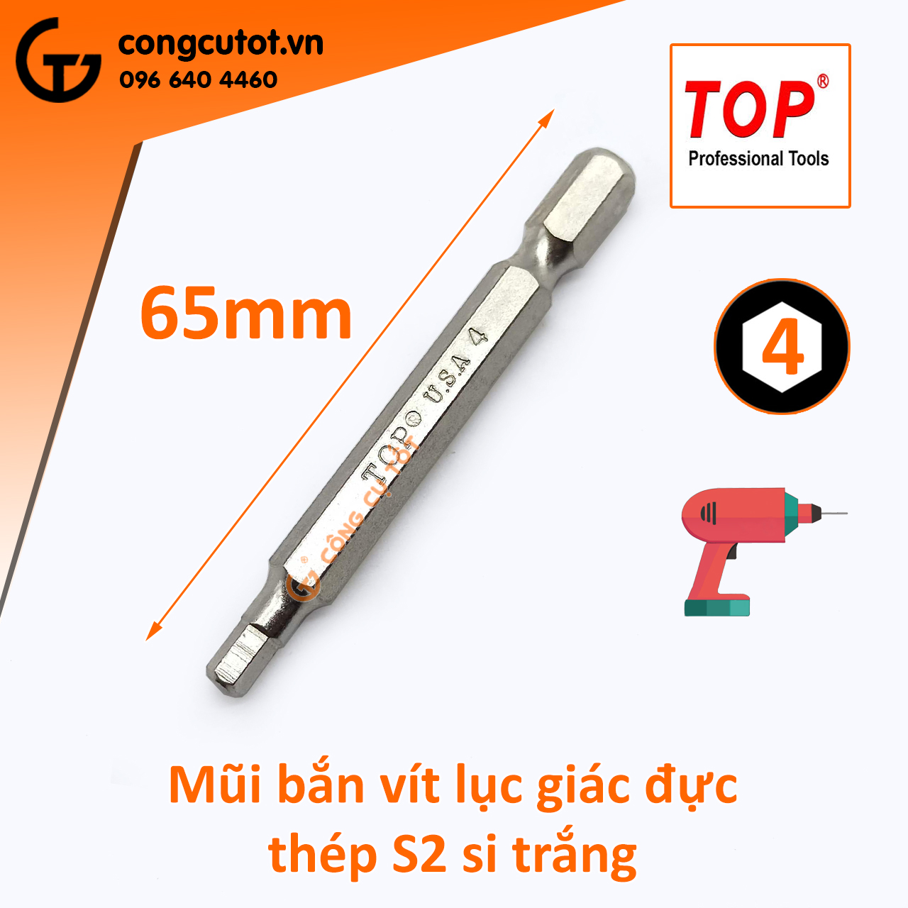 Đầu bắt vít lục giác đực TOP dài 65mm