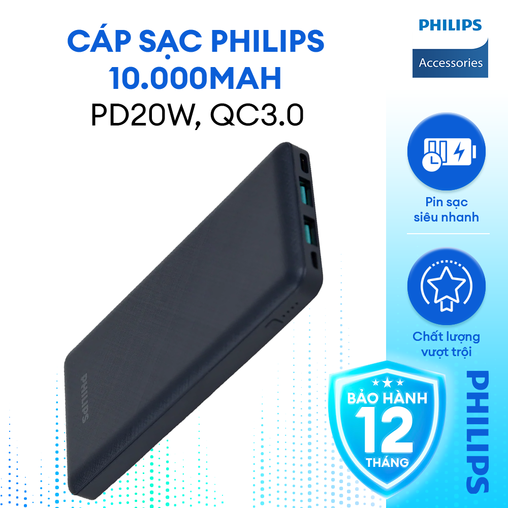 Pin dự phòng Philips DLP7790 Chính Hãng 10.000mAh PD20W/ QC3.0