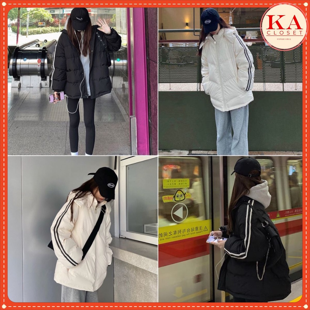 Áo phao mũ 2 sọc KA Closet có mũ, 2 màu Đen, Sữa dáng thể thao 2 size M và L, trẻ trung,mềm đẹp, phong cách Hàn Quốc