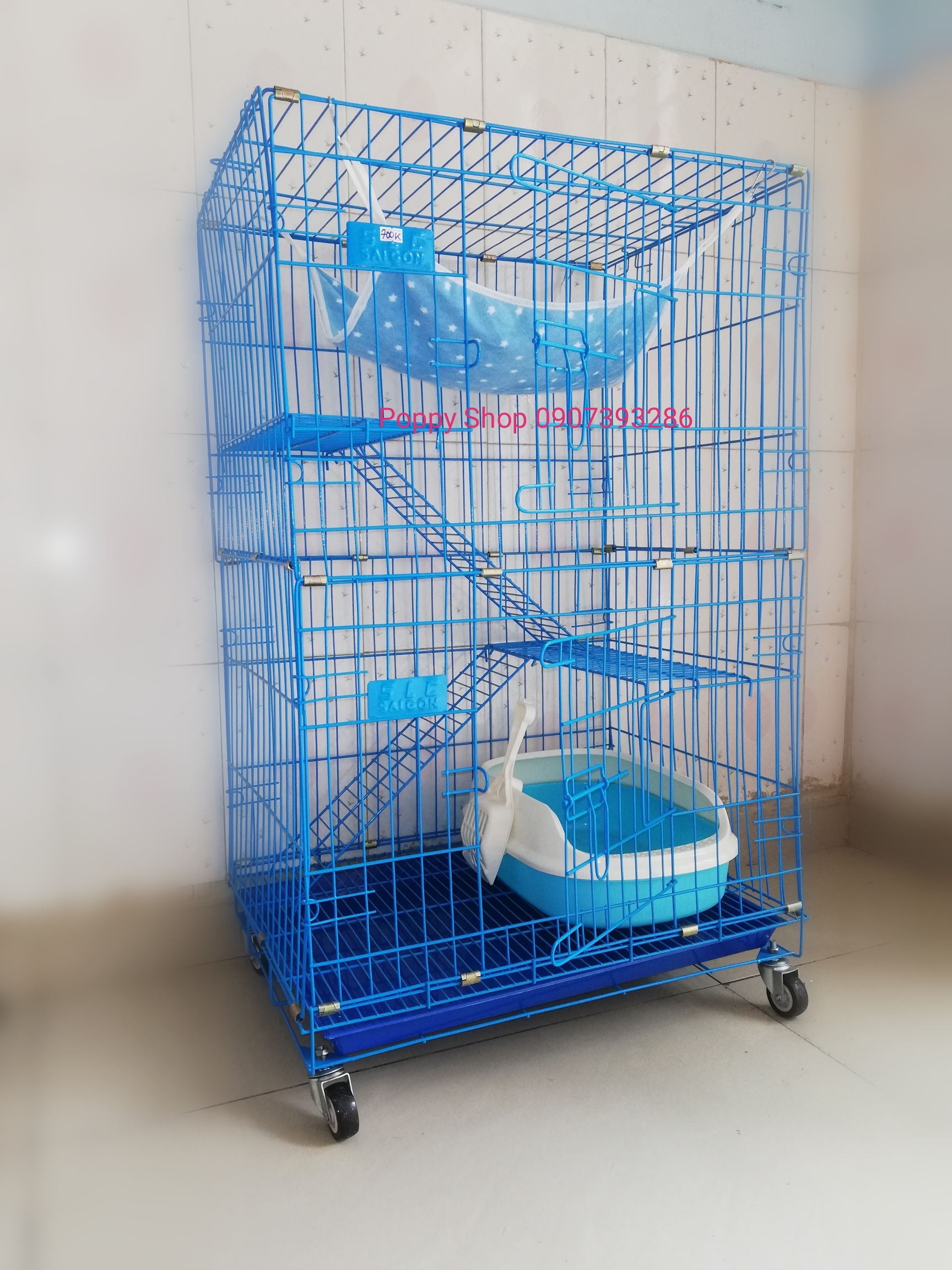 [HCM]Chuồng/Lồng Sắt Sơn Tĩnh Điện Xếp 3 Tầng Màu Xanh Nước Biển Cao 1 Met Có Bánh Xe Tặng Võng Cho Mèo Chim Vẹt Sóc