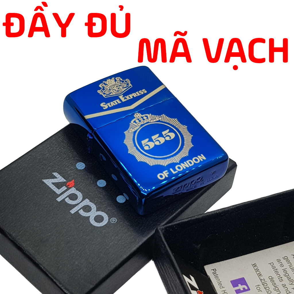 Bật lửa zippo xanh, hộp quẹt Sapphire khắc 555 vỏ dày hàng chuẩn Mỹ đầy đủ mã vạch kiểm tra TẶNG bấc đá