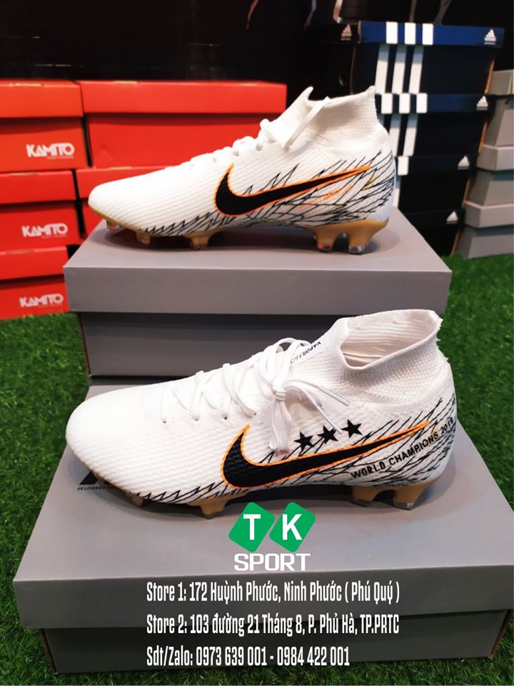 Giày Bóng Đá TQ Nike Mercurial WC Vapor 13 cổ cao Elite Trắng Vạch Đen Đế Vàng FG.tặng tất cao cấp vs túi rút