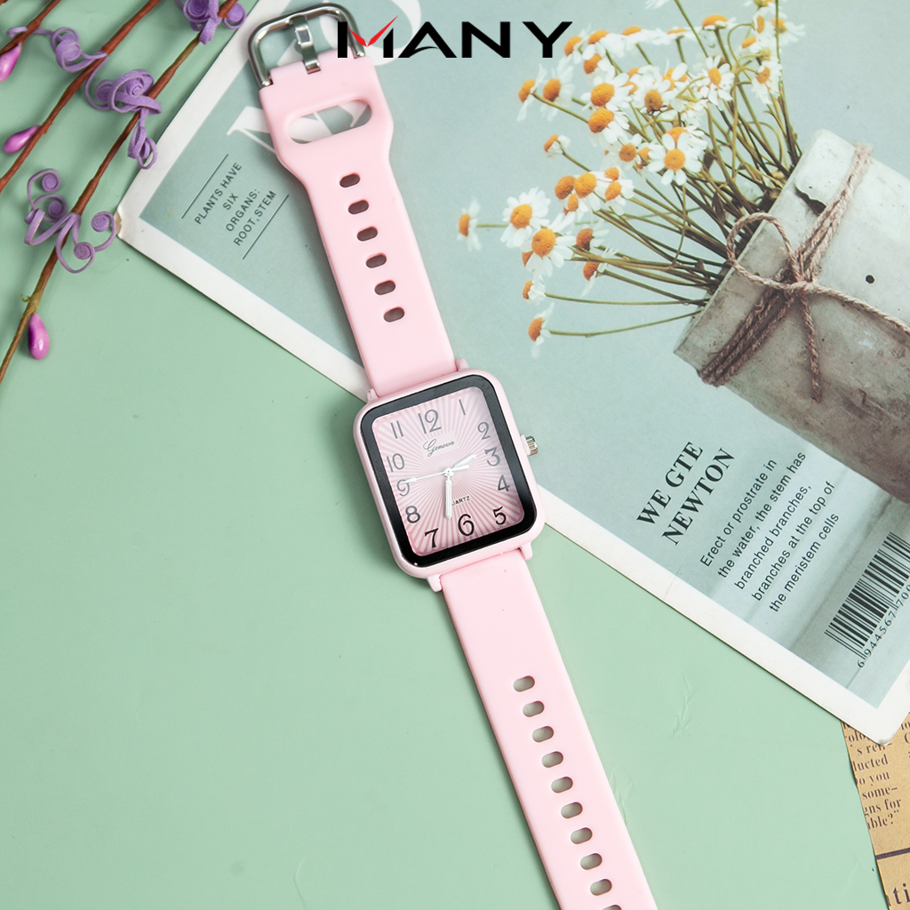 Hoàn tiền 15% - đồng hồ unisex geneva mặt chữ nhật - đồng hồ nam nữ đeo tay dây cao su bền đẹp many