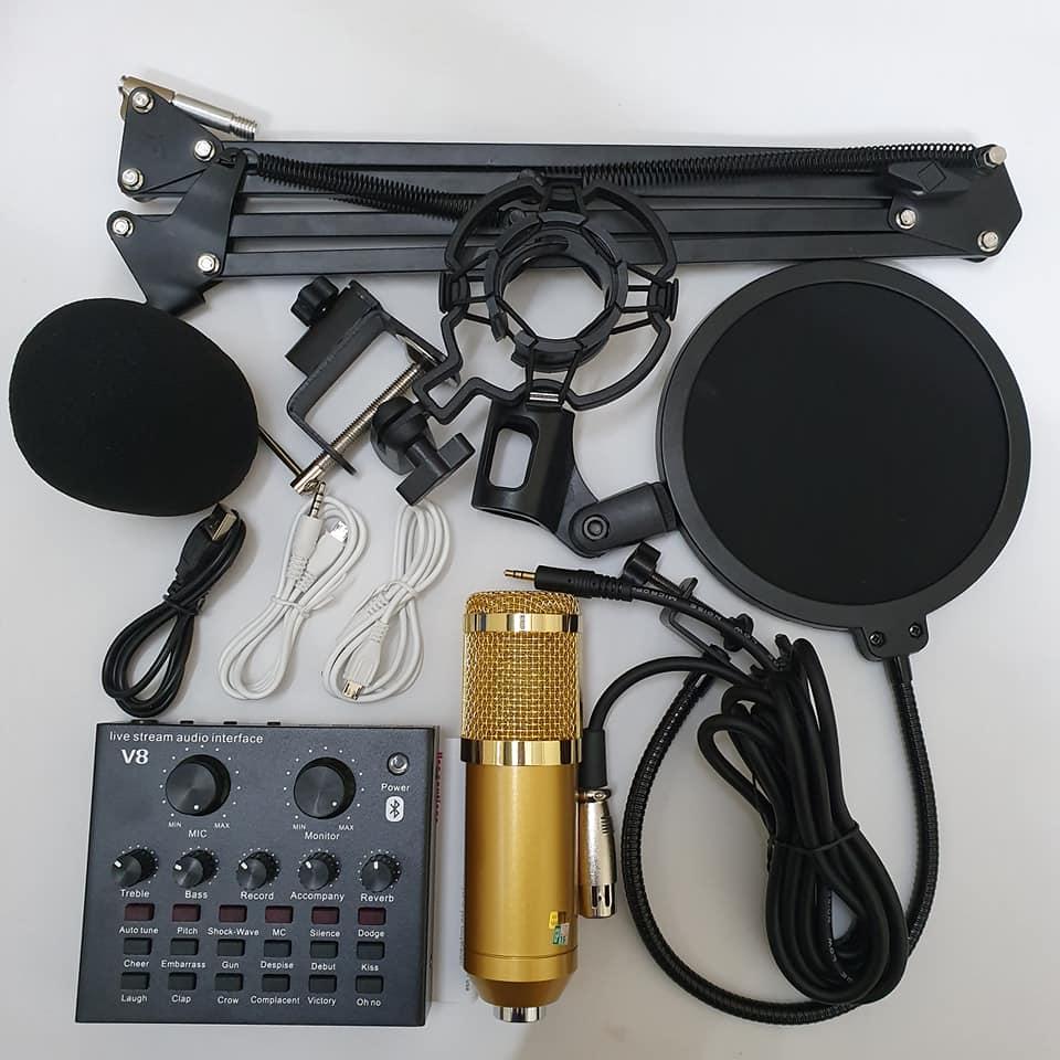 Combo bộ mic thu âm livestream karaoke bm800 V8 chân kẹp màng lọc bh 6 tháng