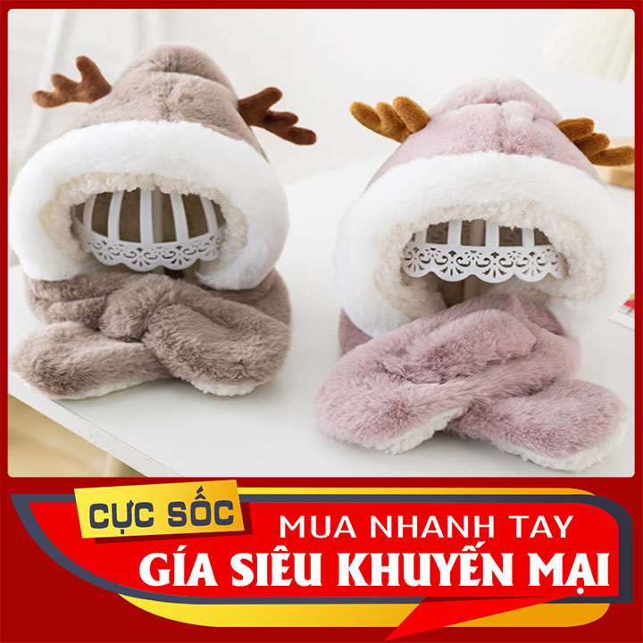 Mũ lông cừu sừng hươu kèm khăn ống ấm áp cao cấp cho bé- nón trùm đầu lót lông kèm khăn siêu ấm áp
