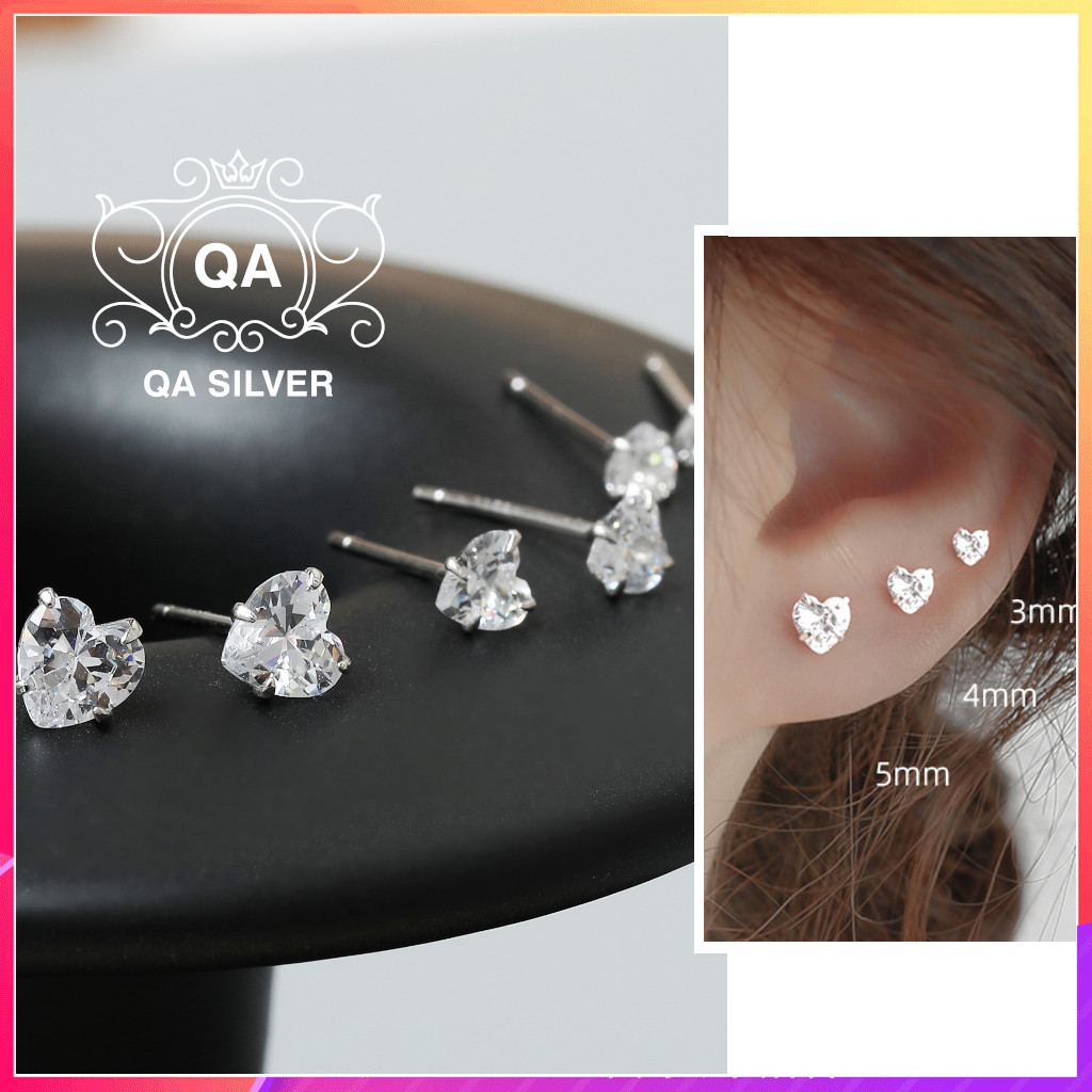 Bông tai bạc 925 trái tim khuyên nụ đá zircon nam nữ tối giản s925 heart qa silver earrings ea201203