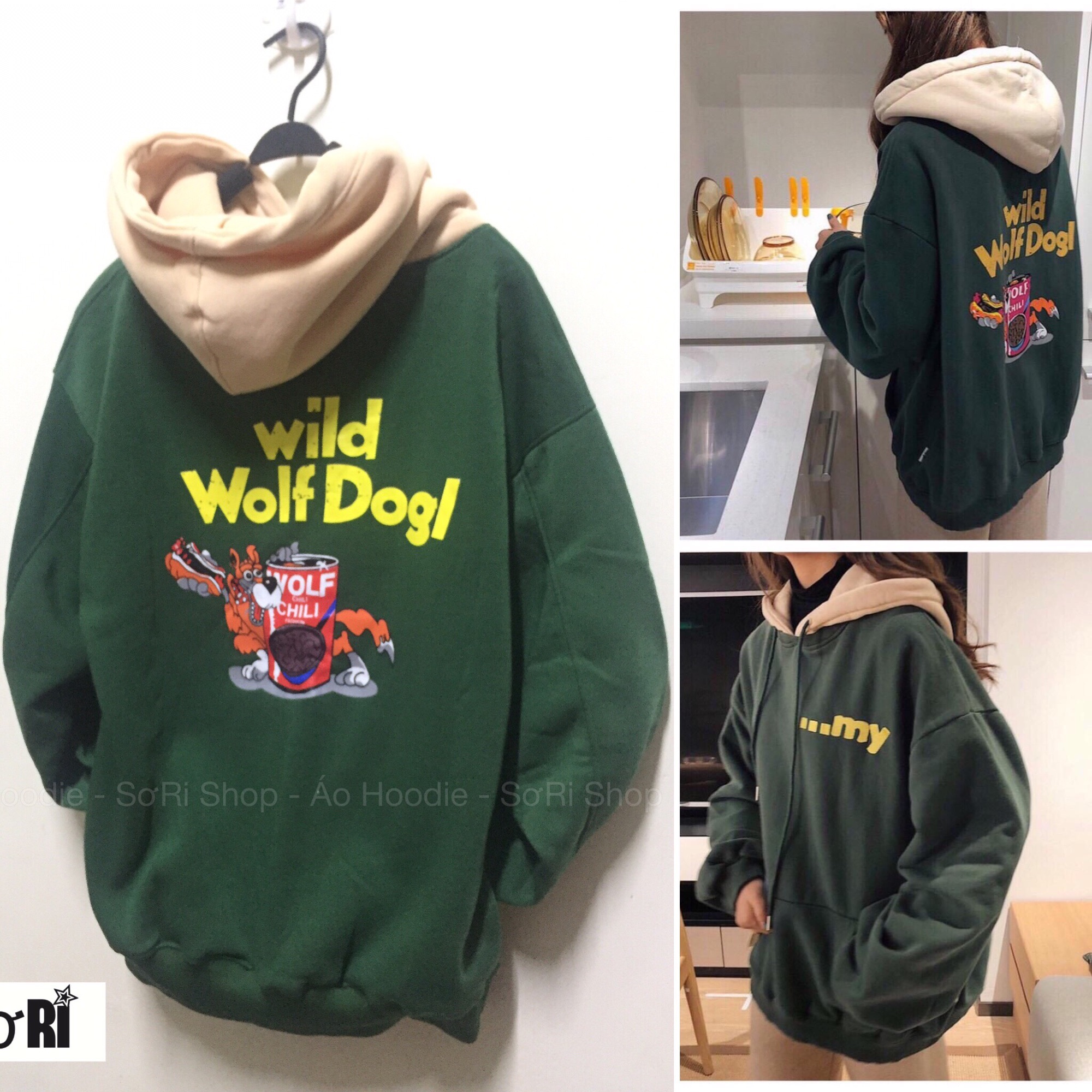 Áo hoodie My wild xanh rêu