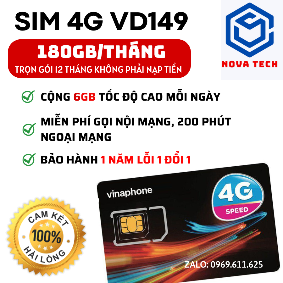 SIM 4G VINAPHONE VD149 TRỌN GÓI 12 THÁNG - 6GB/NGÀY - 180GB/THÁNG DATA TỐC ĐỘ CAO - GỌI NỘI, NGOẠI MẠNG MIỄN PHÍ - BẢO HÀNH TRỌN GÓI .FREESHIP - CHƯA KÍCH HOẠT.