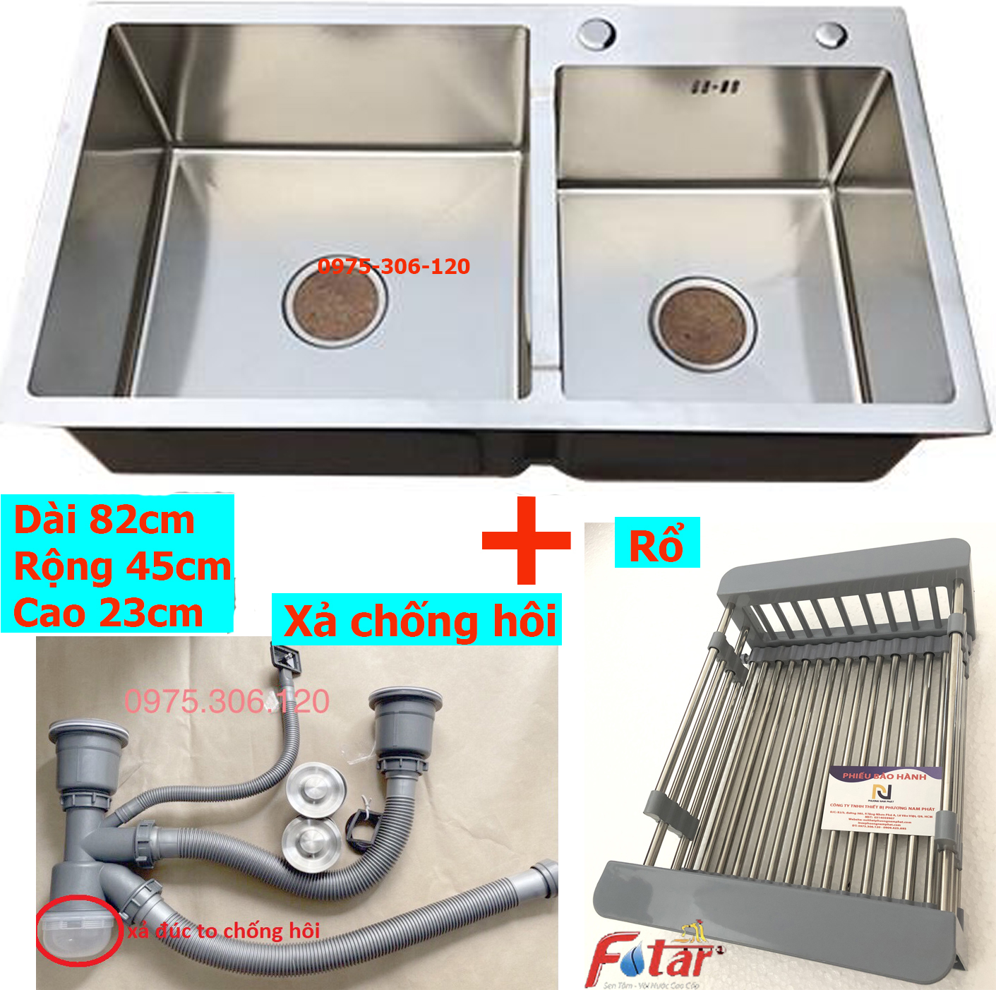 CHẬU ĐÚC DÀY Chậu Rửa Chén Bát INOX SUS 304 N7 8245 NA.GRAND và Bộ Xả Chậu Thoát Nước và Rổ Rút Đa Năng bồn rửa chén inox