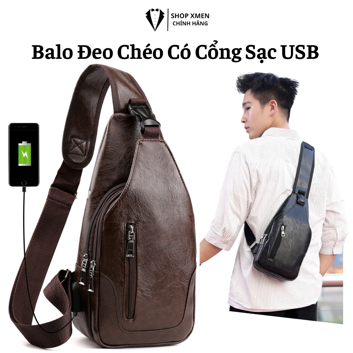 Túi Đeo Chéo IPAD Có Cổng Sạc USB Và Lỗ Luồn Dây Tai Nghe Vải Da PU Cao Cấp Chống Nước T63