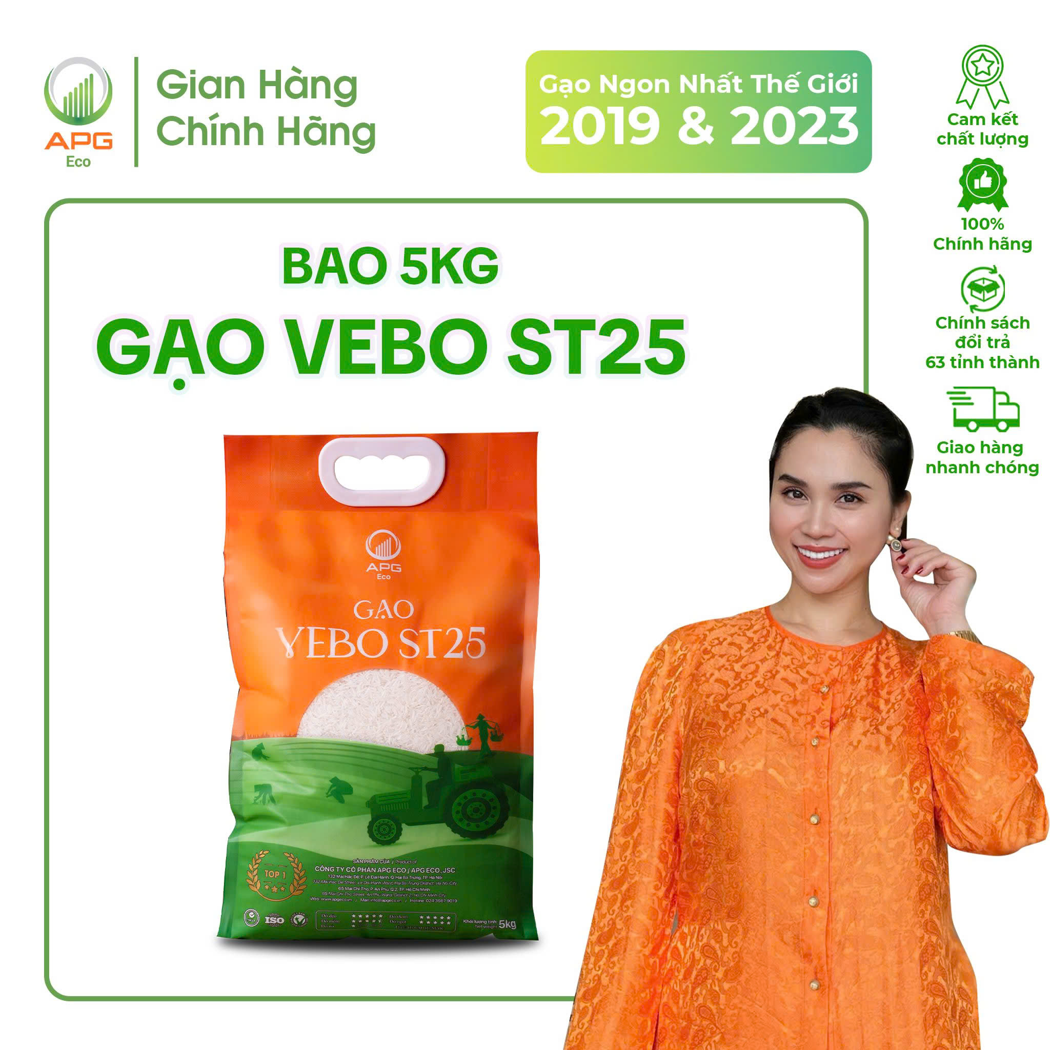 Gạo VEBO ST25 APG ECO - GẠO ĐẶC SẢN AN GIANG - Hạt Cơm Trắng, Dài Bóng Dẻo Quy Cách Túi 5Kg