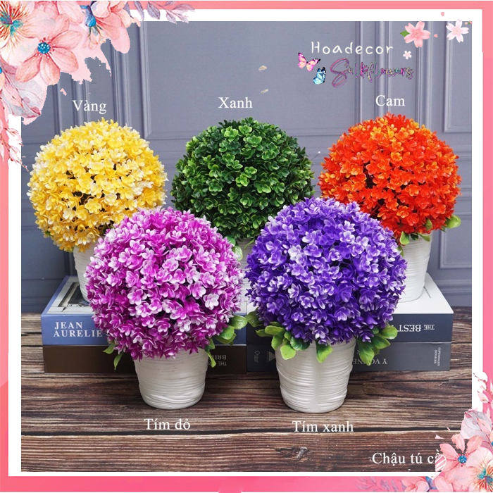 Hoa giả, hoa lụa chậu tú cầu giả để bàn cực xinh