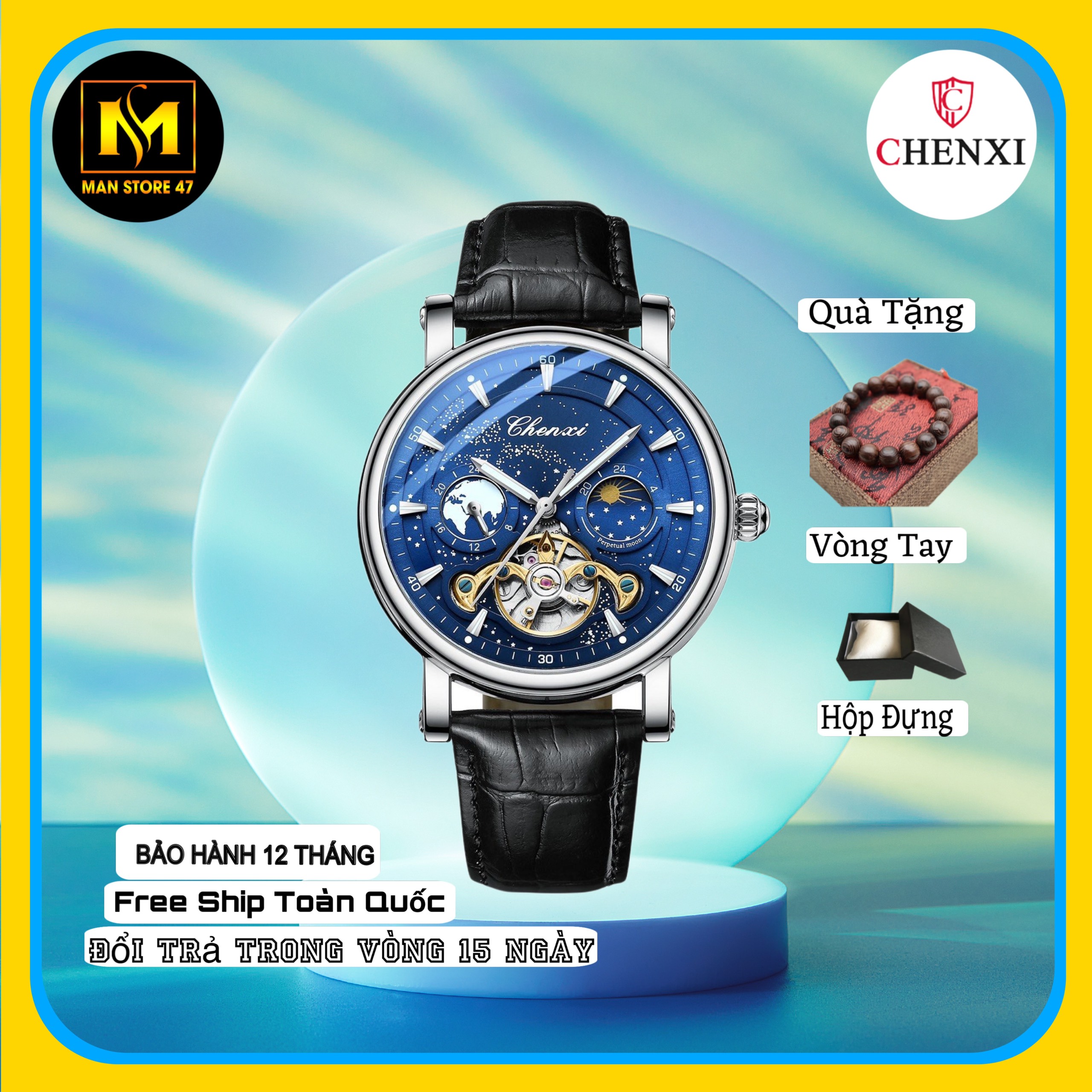 Đồng hồ cơ nam dây da cao cấp chính hãng chenxi lộ cơ sang trọng lịch lãm