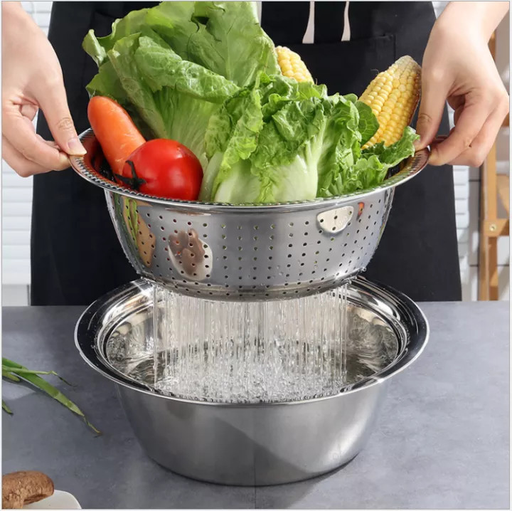 Bộ rổ thau inox 304 26 cm lưới lớn nhỏ sâu lòng cao cấp - bộ thau rổ inox 22cm - thau inox - âu inox 22cm