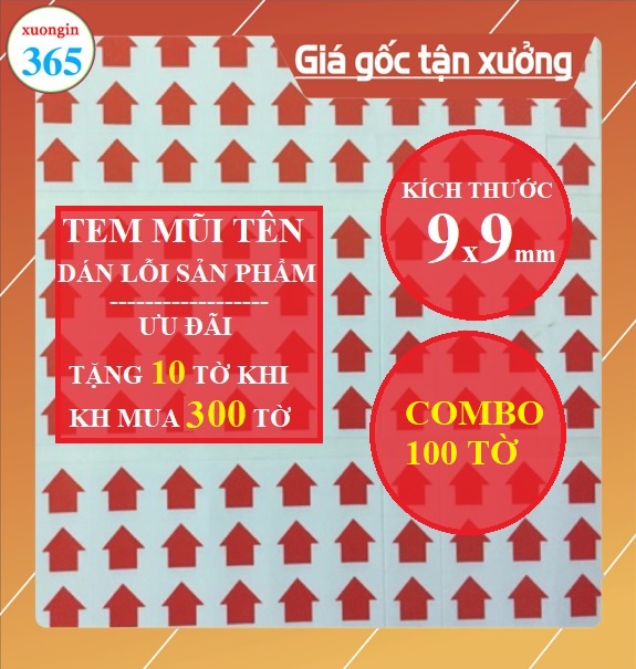100 Tờ tem mũi tên dán lỗi sản phẩm, kích thước 9x9mm dành cho ngành may mặc.