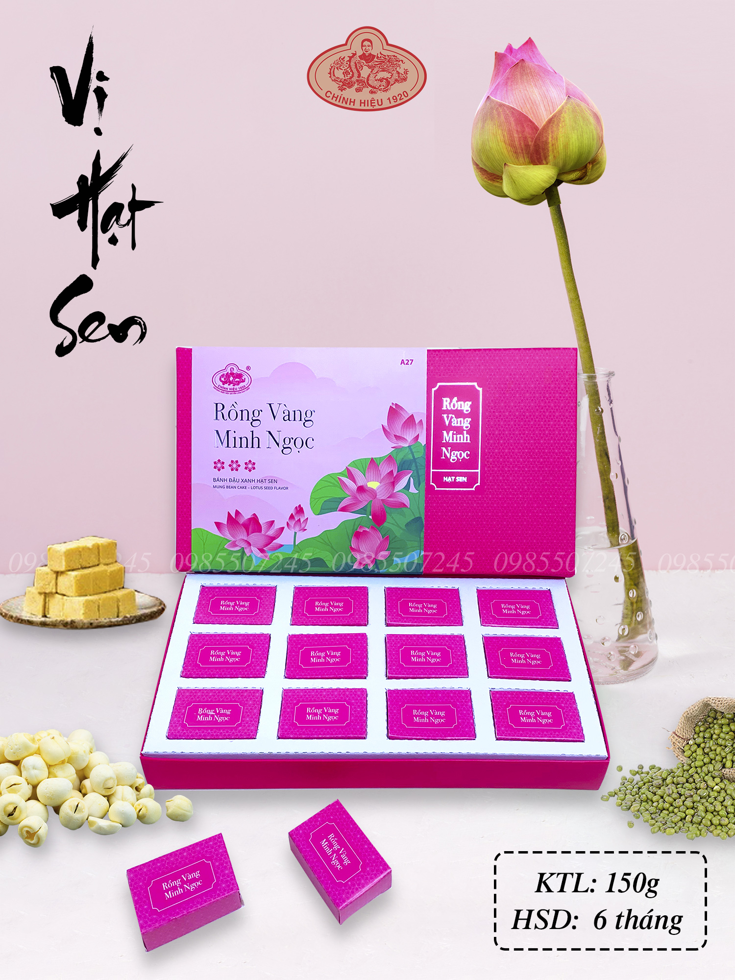 Bánh đậu xanh Hạt sen A27 Rồng Vàng Minh Ngọc 150g