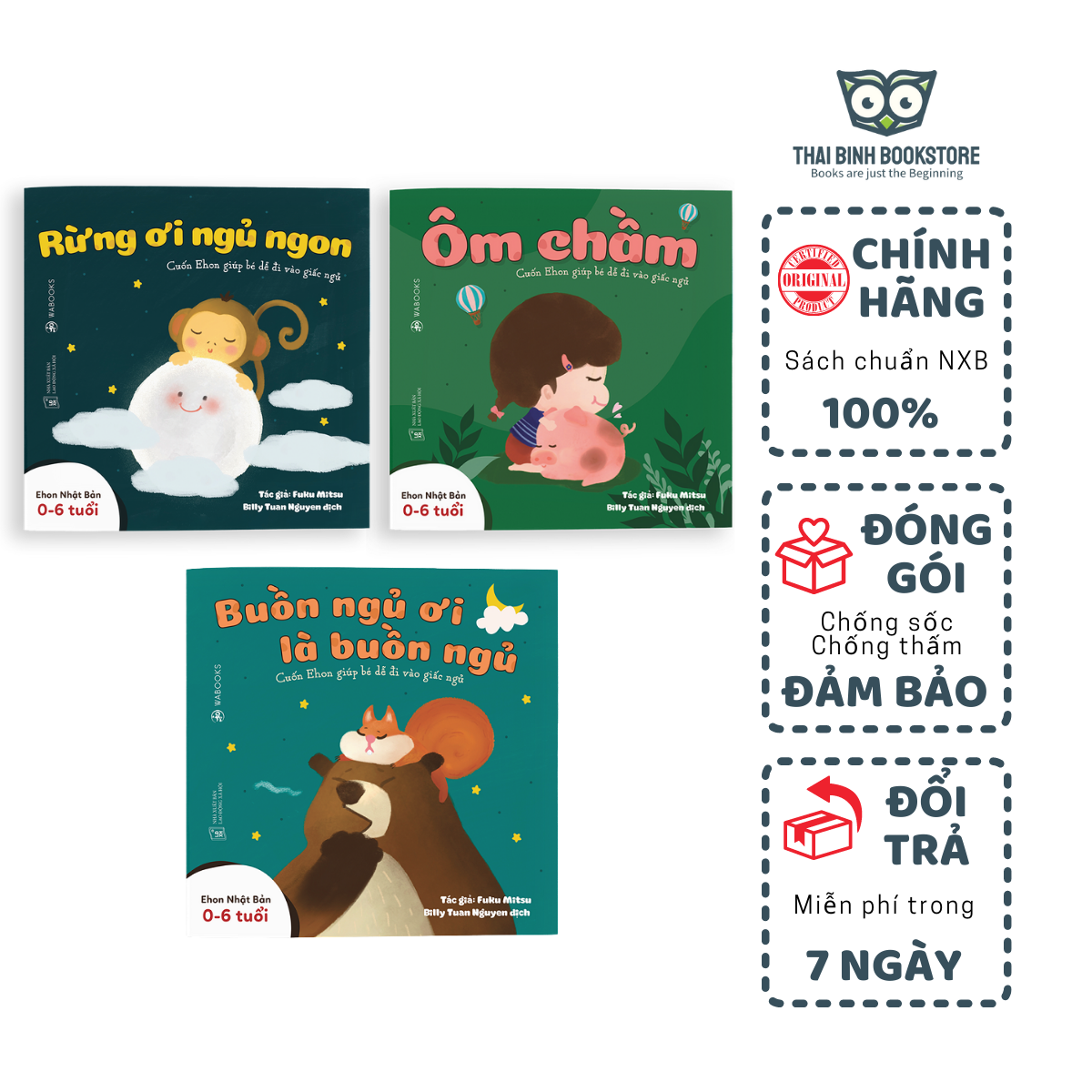 Sách - Ehon Nhật Bản - Buồn Ngủ Ơi Là Buồn Ngủ - Combo Bộ 3 Quyển (0-4 Tuổi) - "Rừng Ơi Ngủ Ngon" ; "Ôm Chầm"; "Buồn Ngủ Ơi Là Buồn Ngủ" - Fuku Mitsu - Thái Bình Bookstore