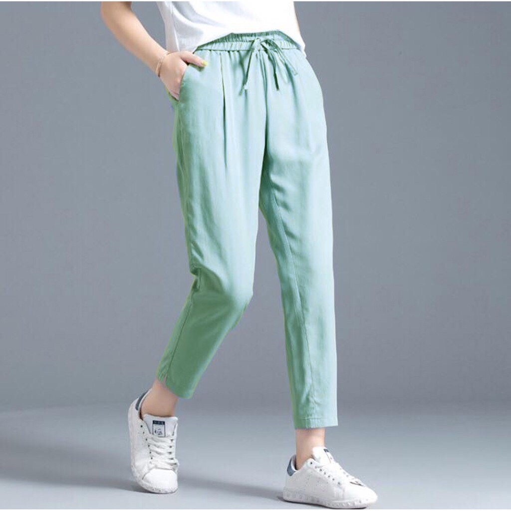 Quần baggy nữ cạp chun đính nơ nhiêu màu chất đũi siêu mát lạnh