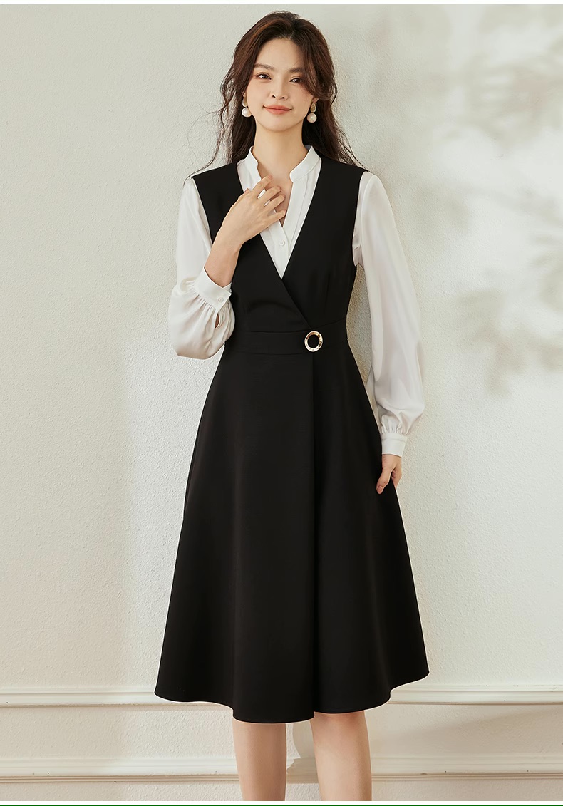 Đầm xoè đen tay dài cổ sơ mi trụ màu trắng thân liền