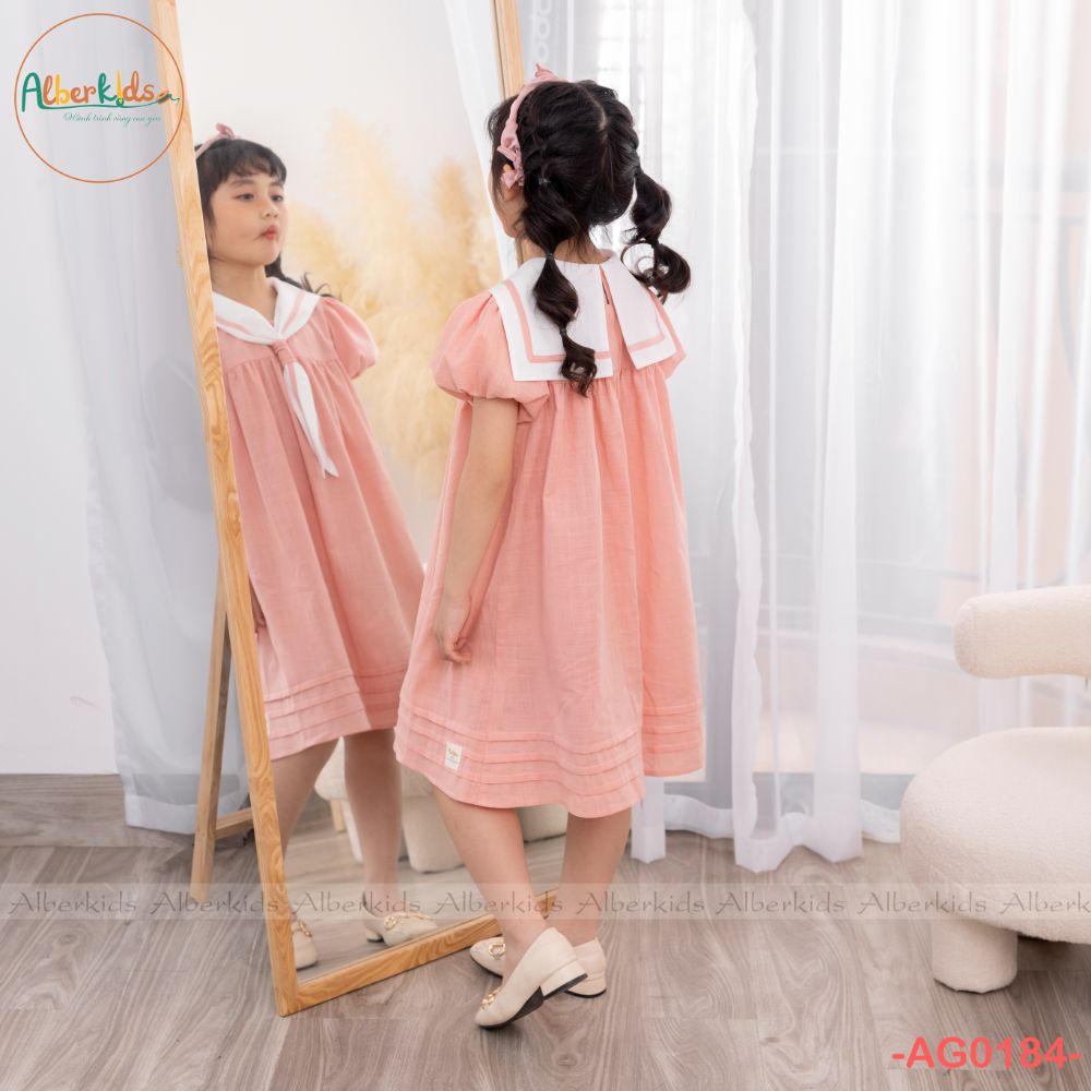 Váy bé gái ALBERKIDS cổ trắng phối nơ công chúa xinh đẹp cho trẻ em 23456789101112 tuôi