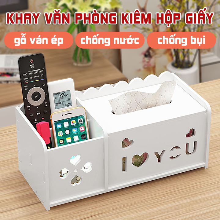 Khay để bàn lắp ghép kiêm hộp đựng giấy văn phòng, khay đựng văn phòng phẩm, hộp đựng khăn giấy gỗ ván ép chống nước chống bụi, lắp ráp và vệ sinh dễ dàng