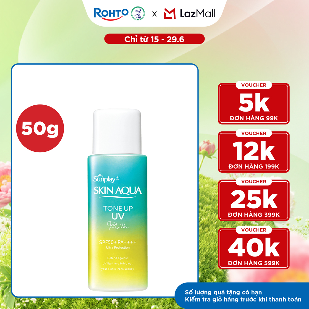 Kem chống nắng nâng tông Skin Aqua Tone up  Mint Green cho da trắng có khuyết điểm đỏ, dạng sữa Sunplay Skin Aqua Tone Up UV Milk Mint Green SPF 50+ PA++++ 50g