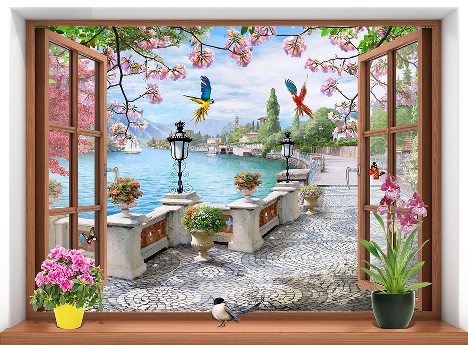  Tranh dán tường cửa sổ Cảnh biển khung màu gỗ trang trí phòng khách VTC VT0435GO 