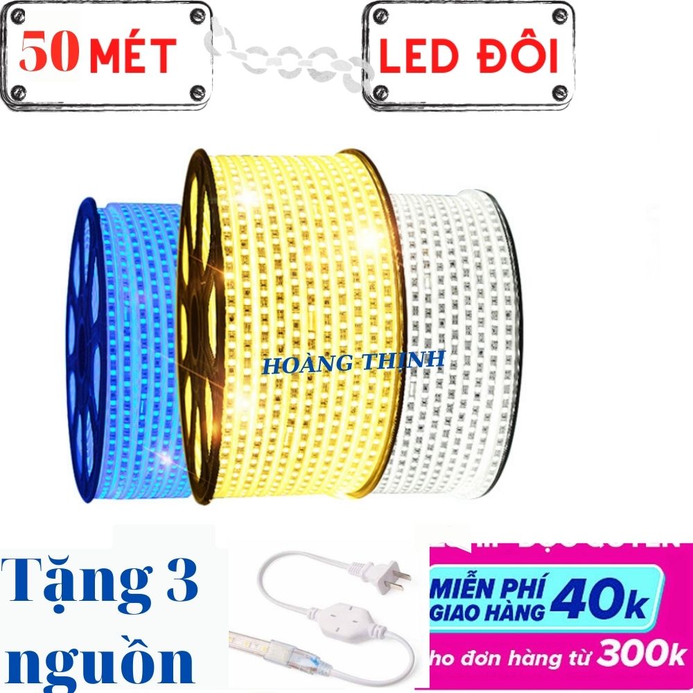 TẶNG 3 NGUỒN- 50 MÉT Dây đèn led trang trí, led đôi 2835 HẮT TRẦN thạch cao-ánh sáng : trắng, Vàng, Xanh dương, dây bọc sillicon chống nước