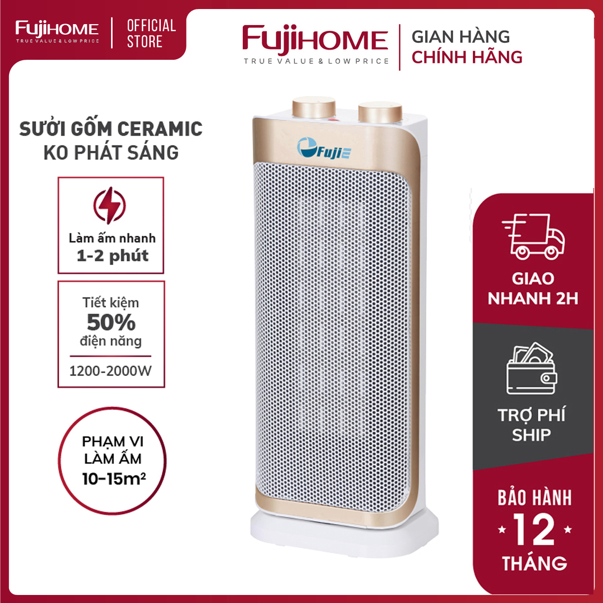 Máy sưởi gốm không khô da nhập khẩu FujiE CH2100, Quạt sưởi ấm điện mini ceramic không đốt oxi, làm ấm nhanh, tự ngắt an toàn