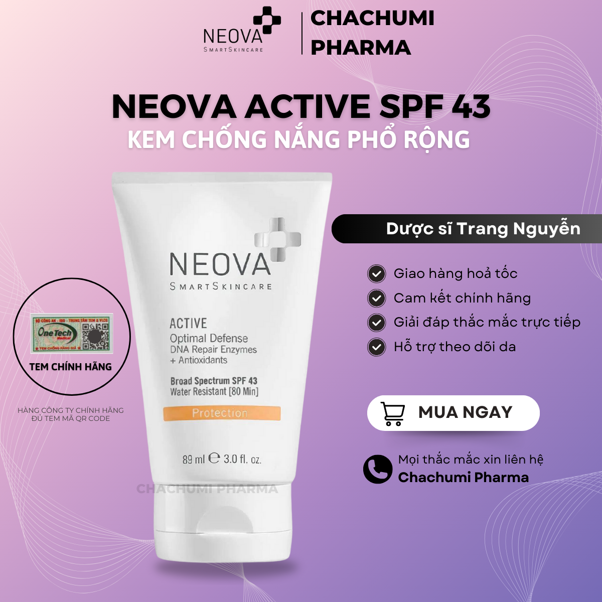Kem chống nắng Neova SPF 43 DNA Damage Control Active dành cho da nhạy cảm 89ml