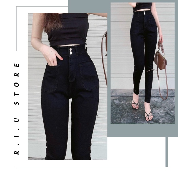 Quần jean skinny nữ dáng ôm lưng siêu cao 2 cúc 2 túi nổi basic r.i.u store