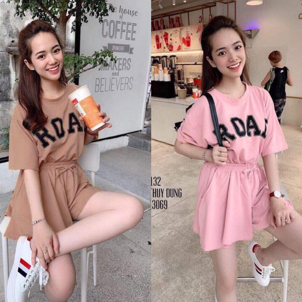 Set bộ cotton giả chân váy thêu chữ dễ thương