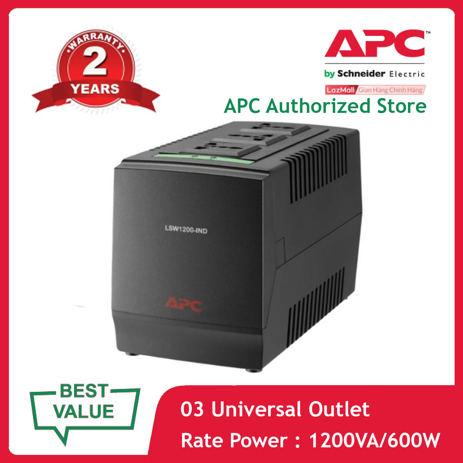 Ổn Áp APC: Line-R 1200VA Bộ điều chỉnh điện áp tự động, 3 đầu ra đa năng, 230V Indonesia - LSW1200-IND