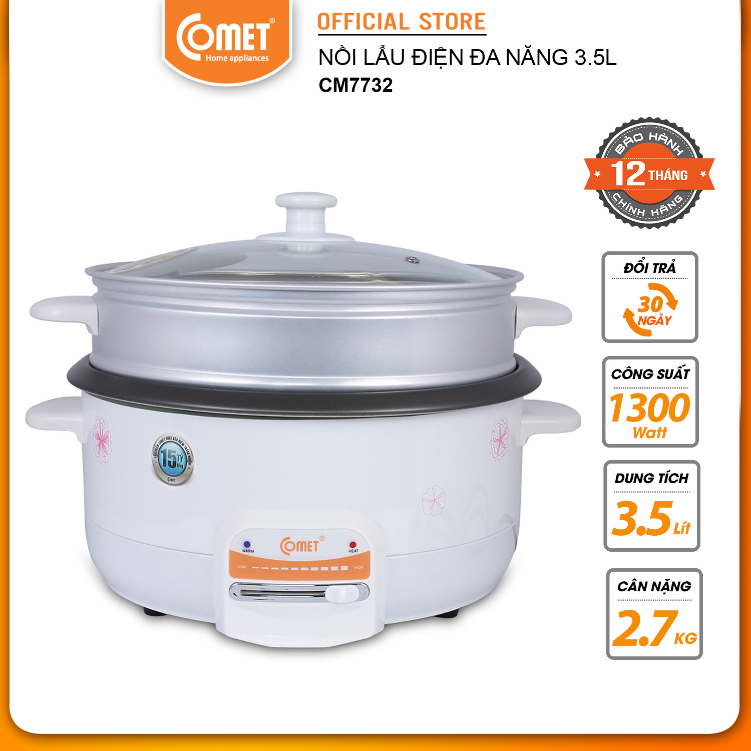 Nồi lẩu điện đa năng COMET CM7732 - Dung tích 3.5L - Hàng Chính Hãng - Kèm xửng hấp - Bảo hành 12 tháng