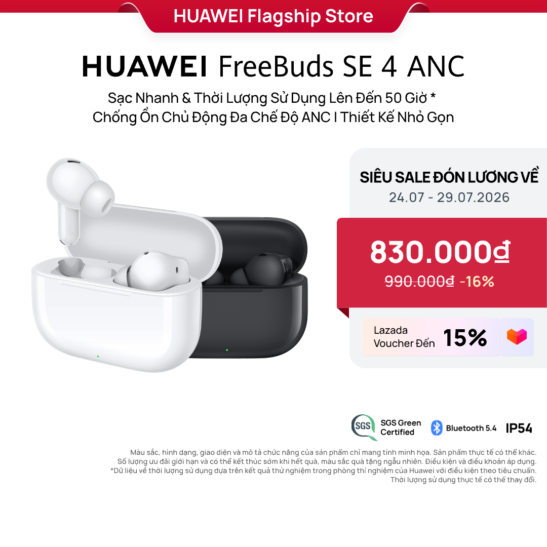 Tai Nghe Bluetooth HUAWEI FreeBuds SE 4 ANC | Sạc Nhanh  Thời Lượng Sử Dụng Lên Đến 50 Giờ | Chống Ồn Chủ Động Đa Chế Độ ANC | Thiết Kế Nhỏ Gọn
