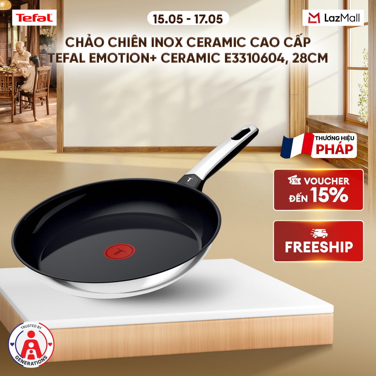 Chảo chiên inox ceramic cao cấp Tefal EMOTION+ CERAMIC E3310604, 28cm