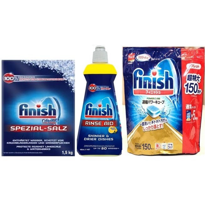 Combo viên rửa bát finish 150 viên + muối rửa bát finish 1,2kg + nước làm bóng finish 400ml