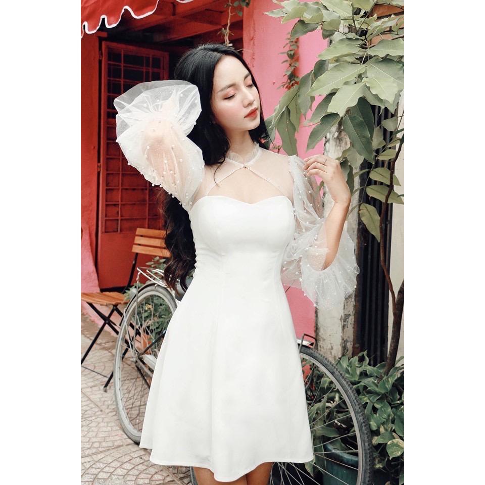 Đầm dự tiệc trắng tay phồng kết hạt siêu xinh