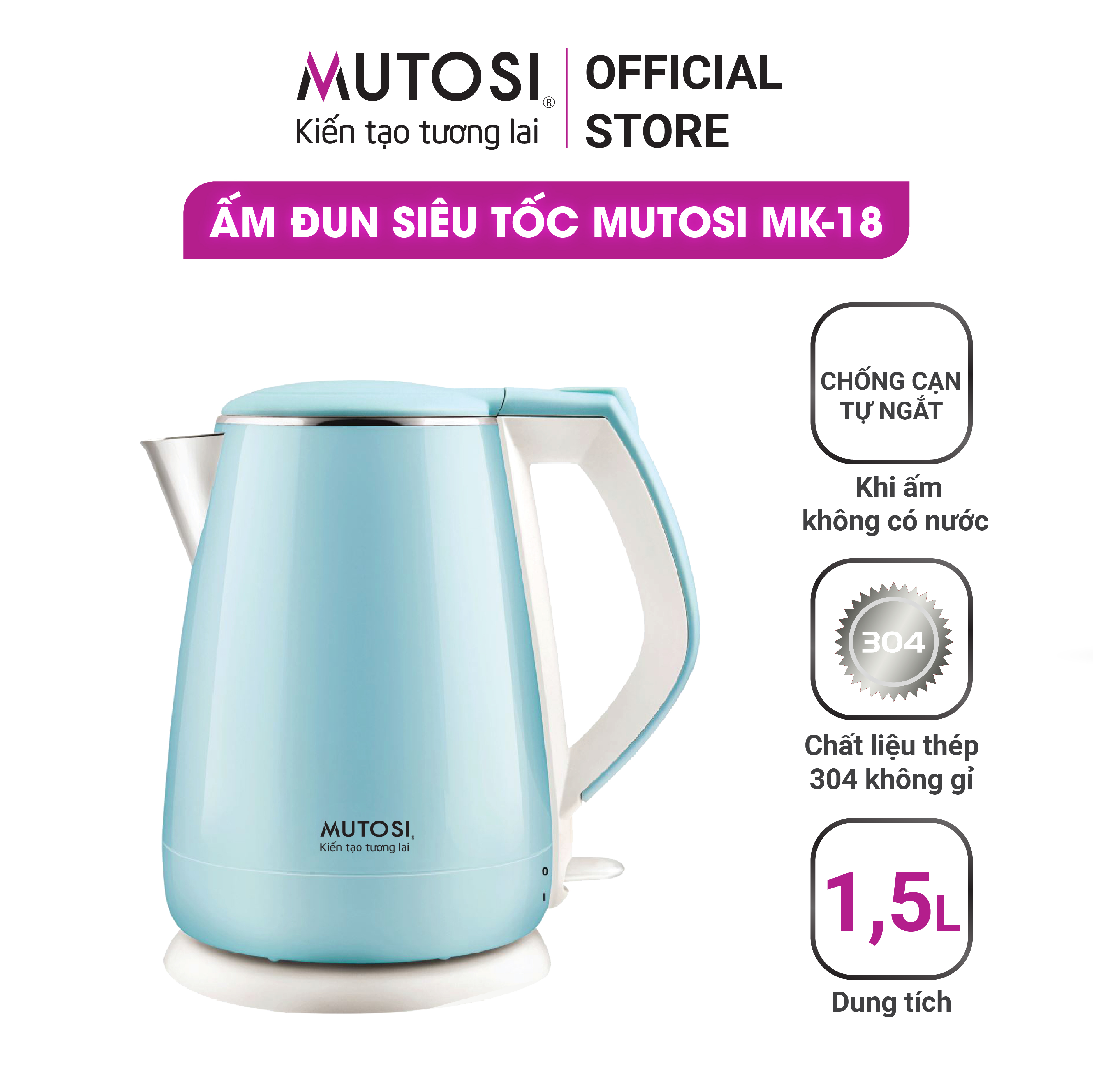 Ấm đun siêu tốc cao cấp 2 lớp 1,7L –1500W MUTOSI MK-18 - inoxSUS304