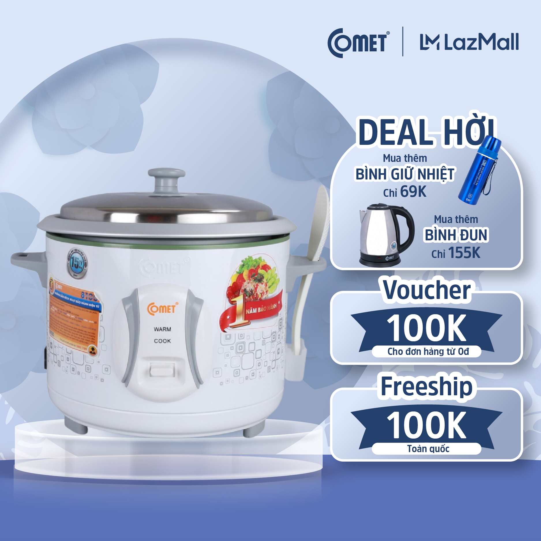 Nồi cơm điện nắp rời COMET - CM8021- 1.8L - Hàng Chính Hãng