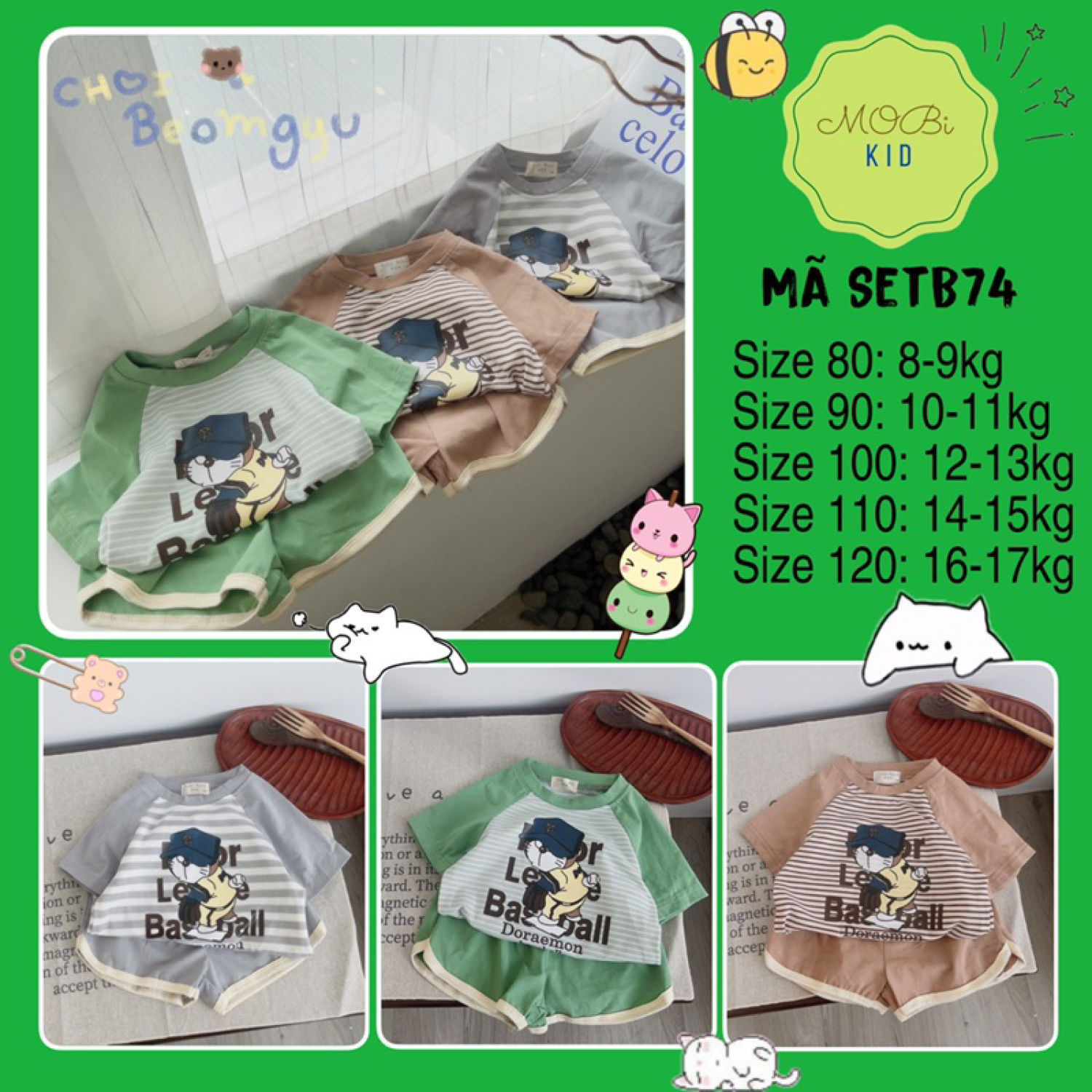 Setb74 bộ ngắn bé trai thun cotton in doremon phối kẻ ngang