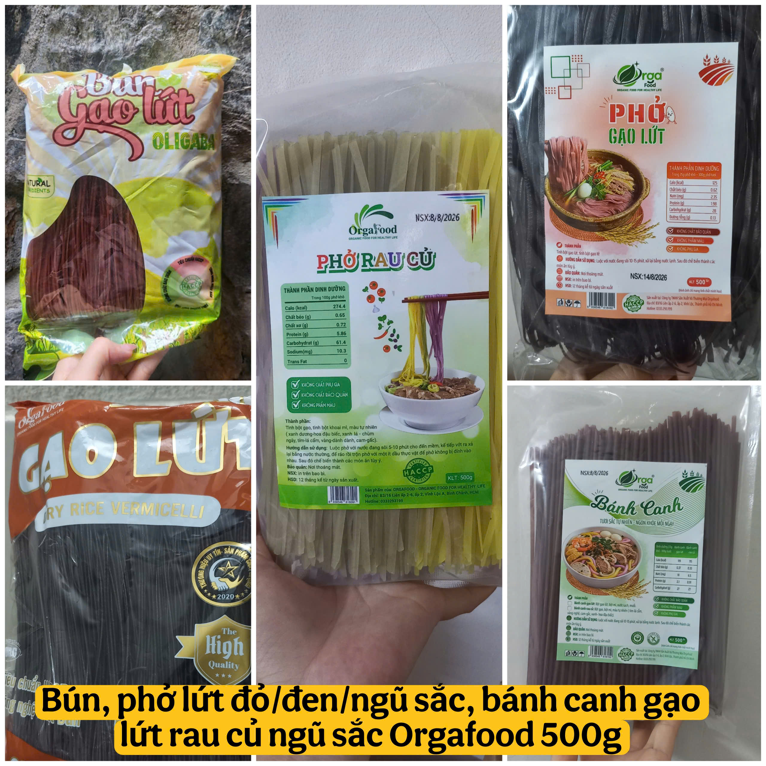 ORGAFOOD Bún phở bánh canh ống gạo lứt đỏ, lứt đen, rau củ ngũ sắc ăn kiêng healthy 500g