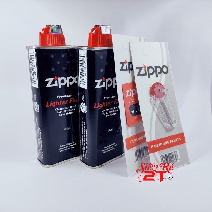 Combo 2 Xăng Zippo, 1 đá lửa, 1 bấc hàng chính hãng