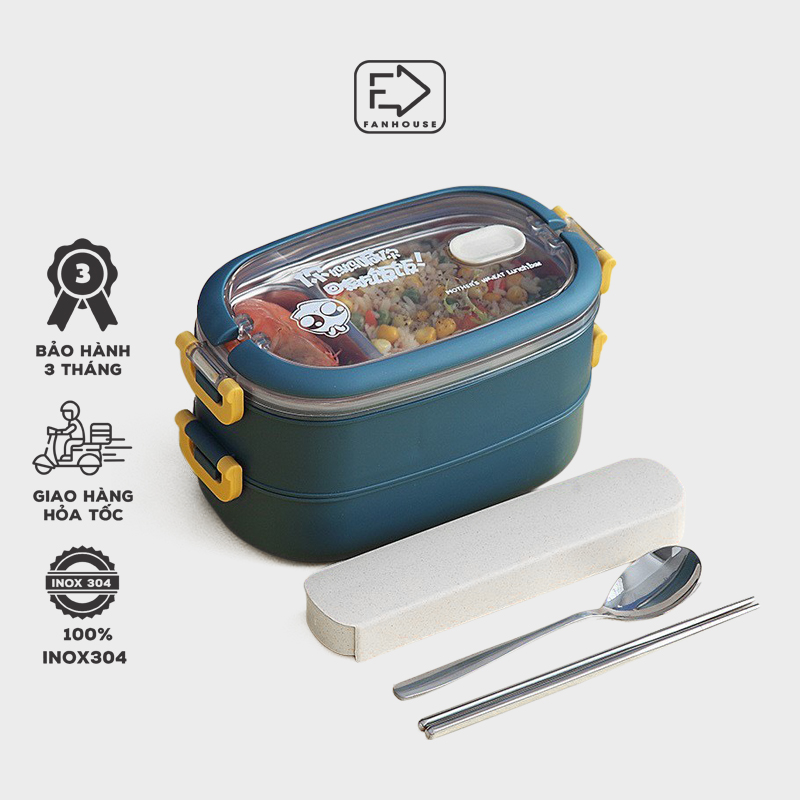 Hộp cơm giữ nhiệt lúa mạch 2 tầng ruột inox 304 - hộp cơm văn phòng